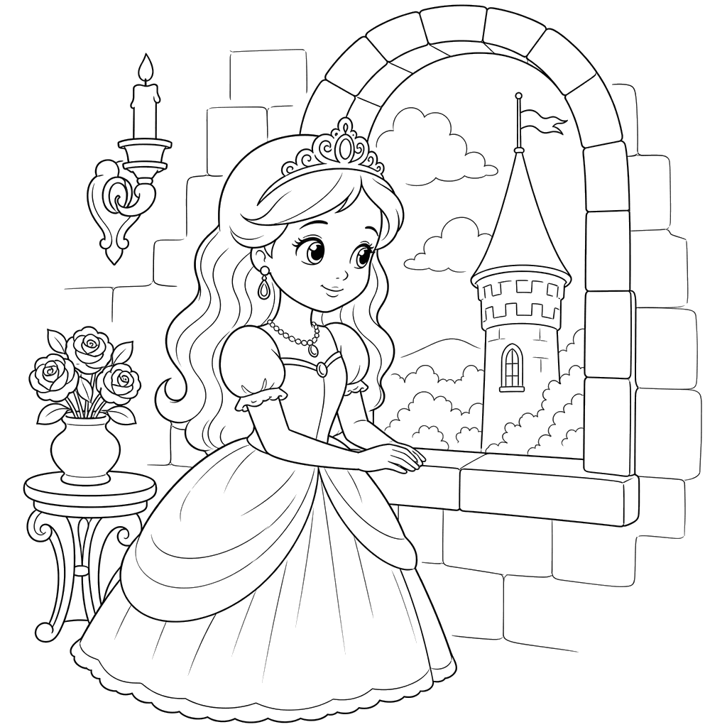 Princess at a Castle Window Coloring Page