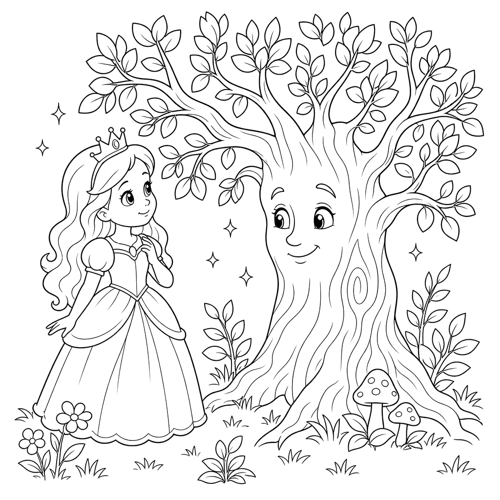Princess by an Enchanted Tree Coloring Page