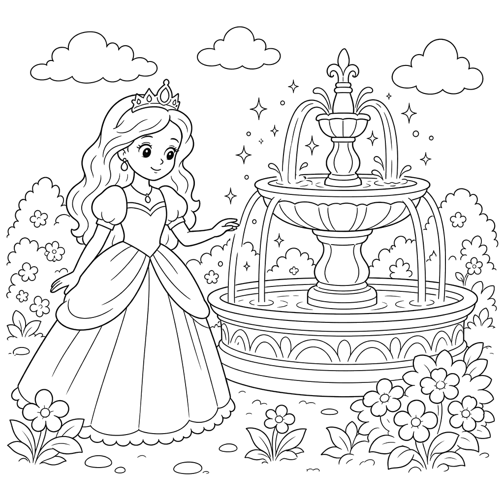 Princess by a Magic Fountain Coloring Page