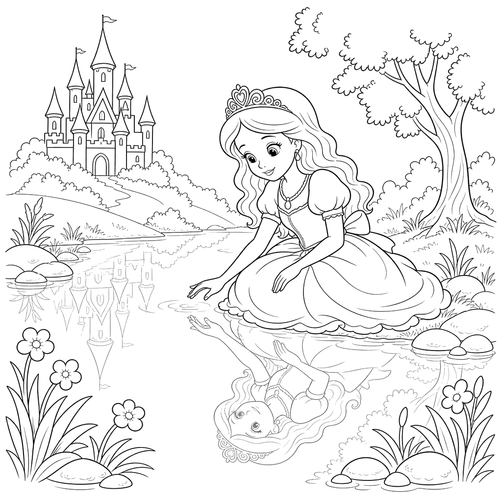 Princess by the Mirror River Coloring Page