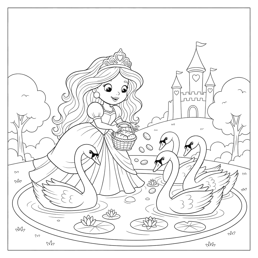 Princess Feeding Swans Coloring Page