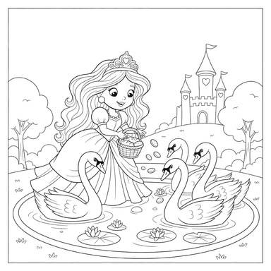 Princess Feeding Swans Coloring Page