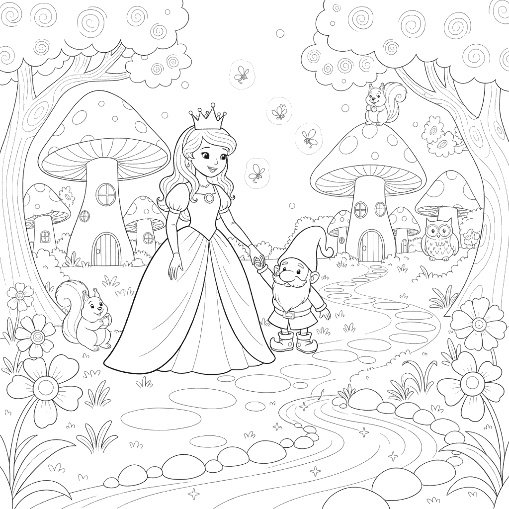 Princess and Gnome in Magic Forest Coloring Page
