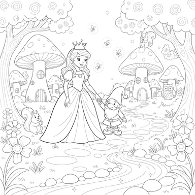Princess and Gnome in Magic Forest Coloring Page