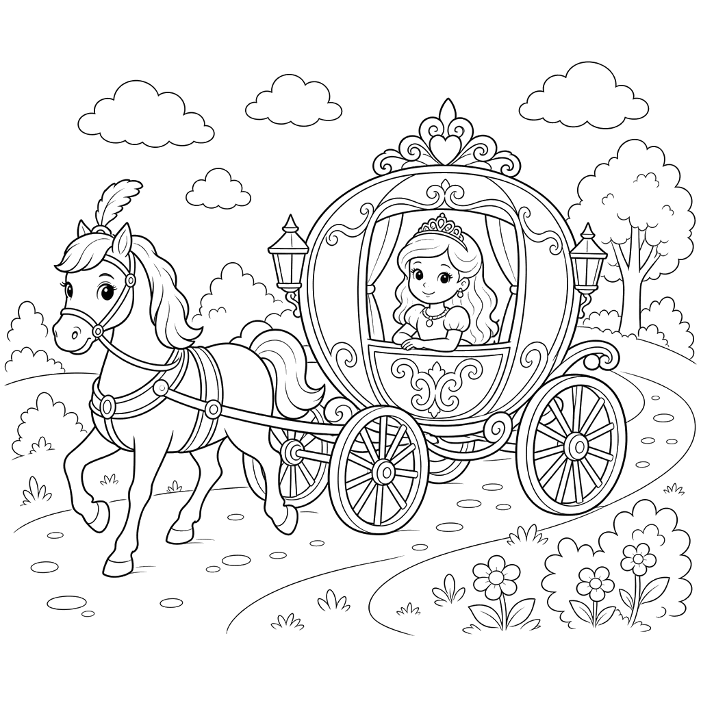 Princess in a Carriage on the Road Coloring Page