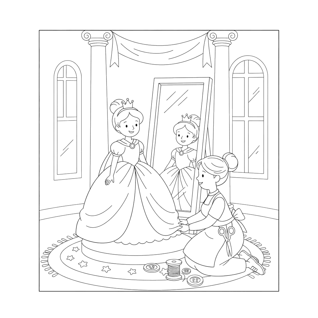 Princess Trying on a New Dress Coloring Page