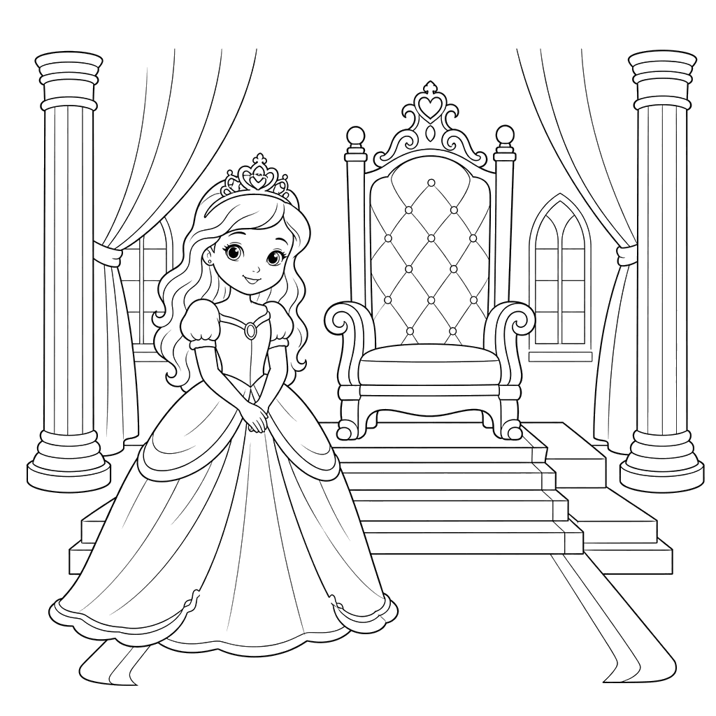 Princess near the throne room — coloring page
