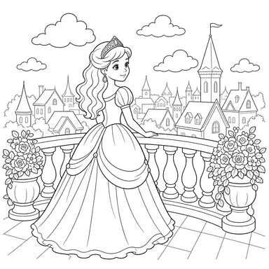 Princess on a Balcony with City View — Coloring Page