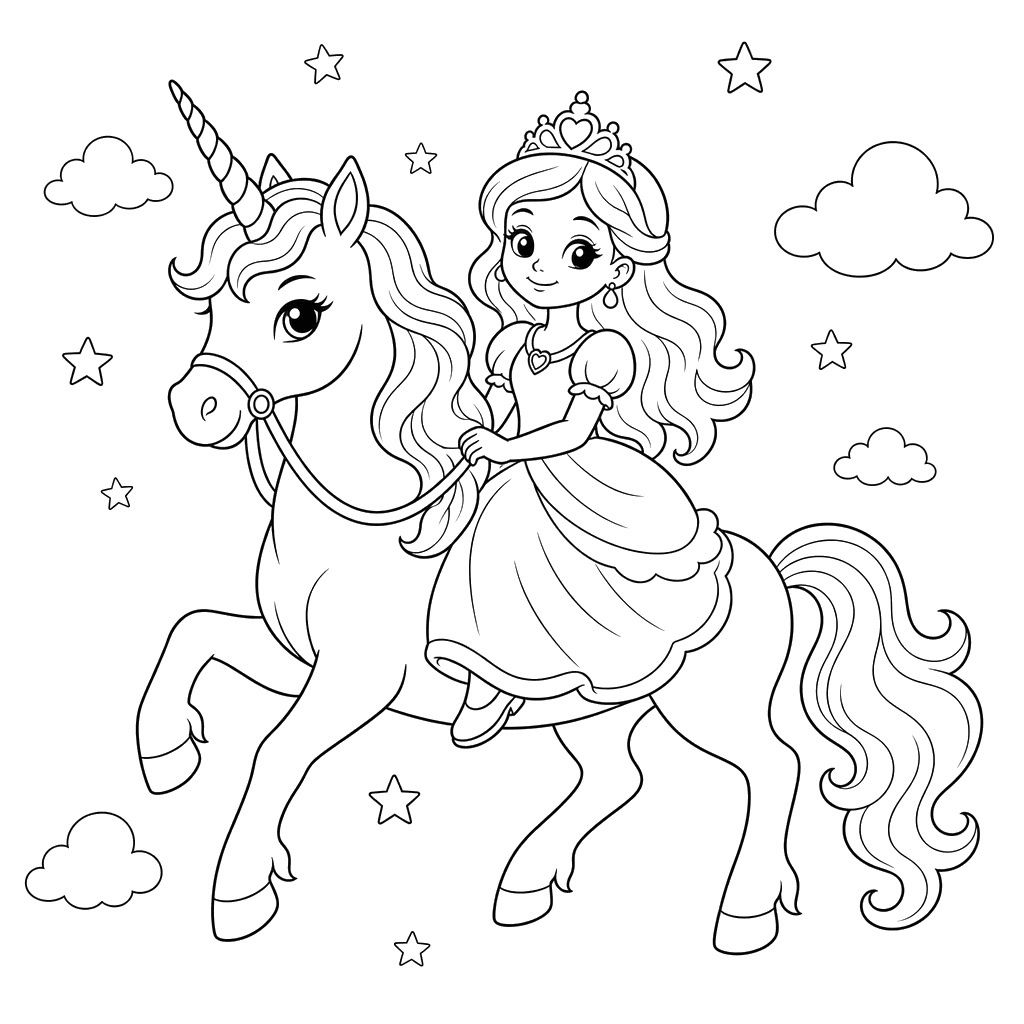 Princess on a Unicorn Coloring Page