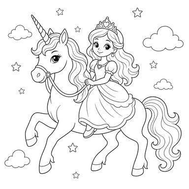 Princess on a Unicorn Coloring Page