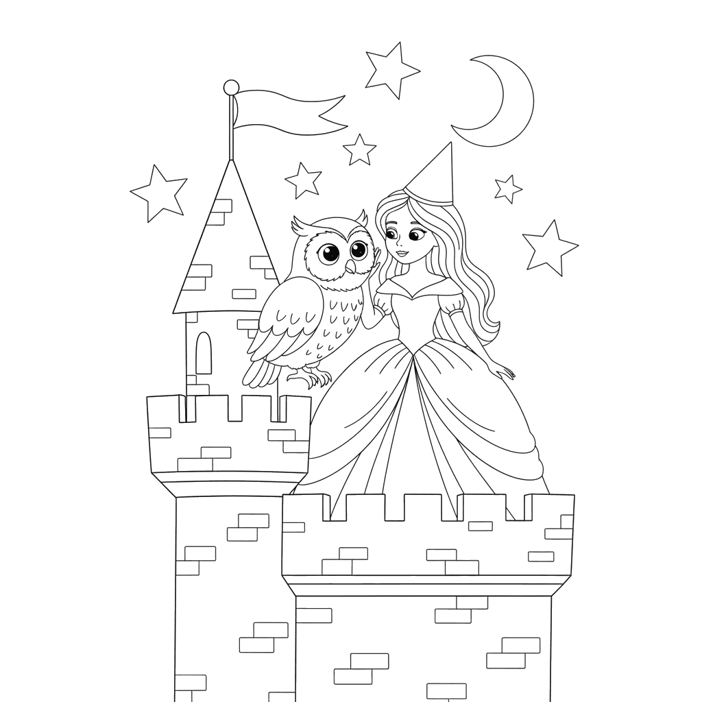Princess Star Gazing with Owl Coloring Page