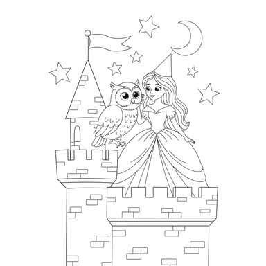 Princess Star Gazing with Owl Coloring Page