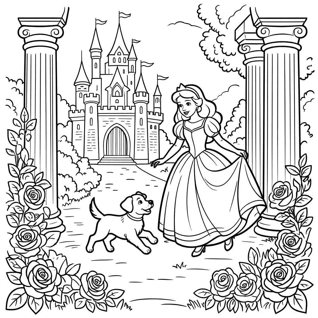Princess Playing with Puppy Coloring Page