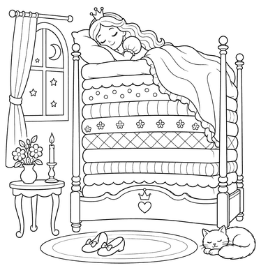 Princess Sleeping on Tall Mattresses Coloring Page