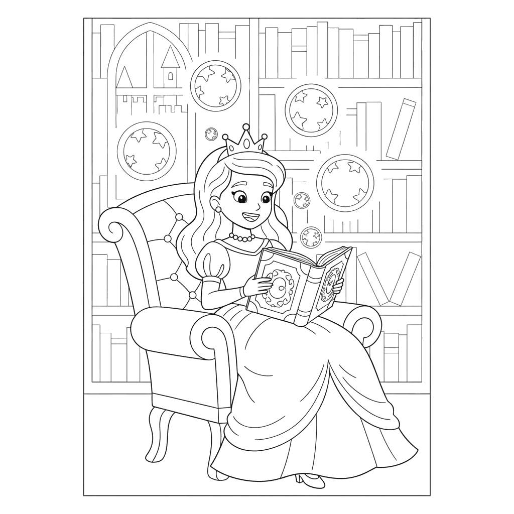 Princess Reading Spellbook Coloring Page