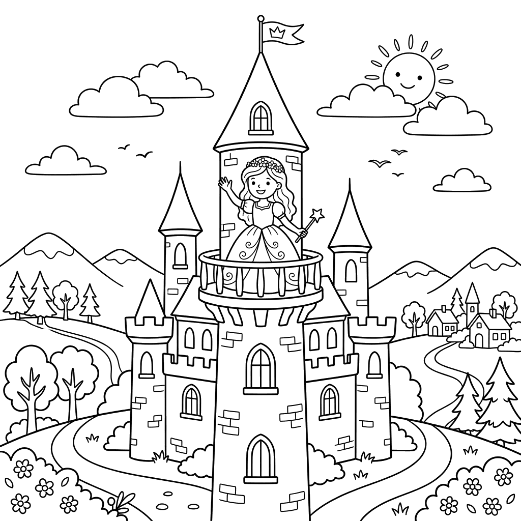 Princess in a Tall Castle Coloring Page