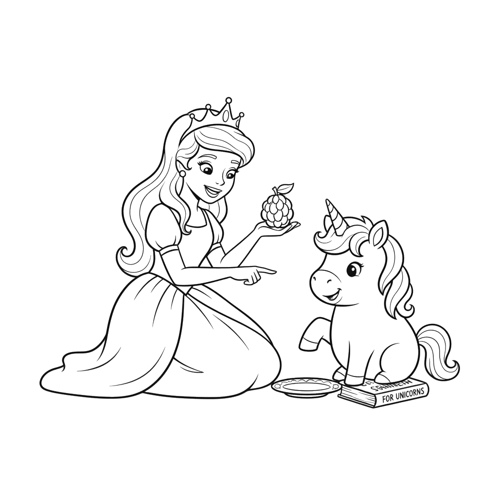 Princess Teaching Unicorn Manners Coloring Page