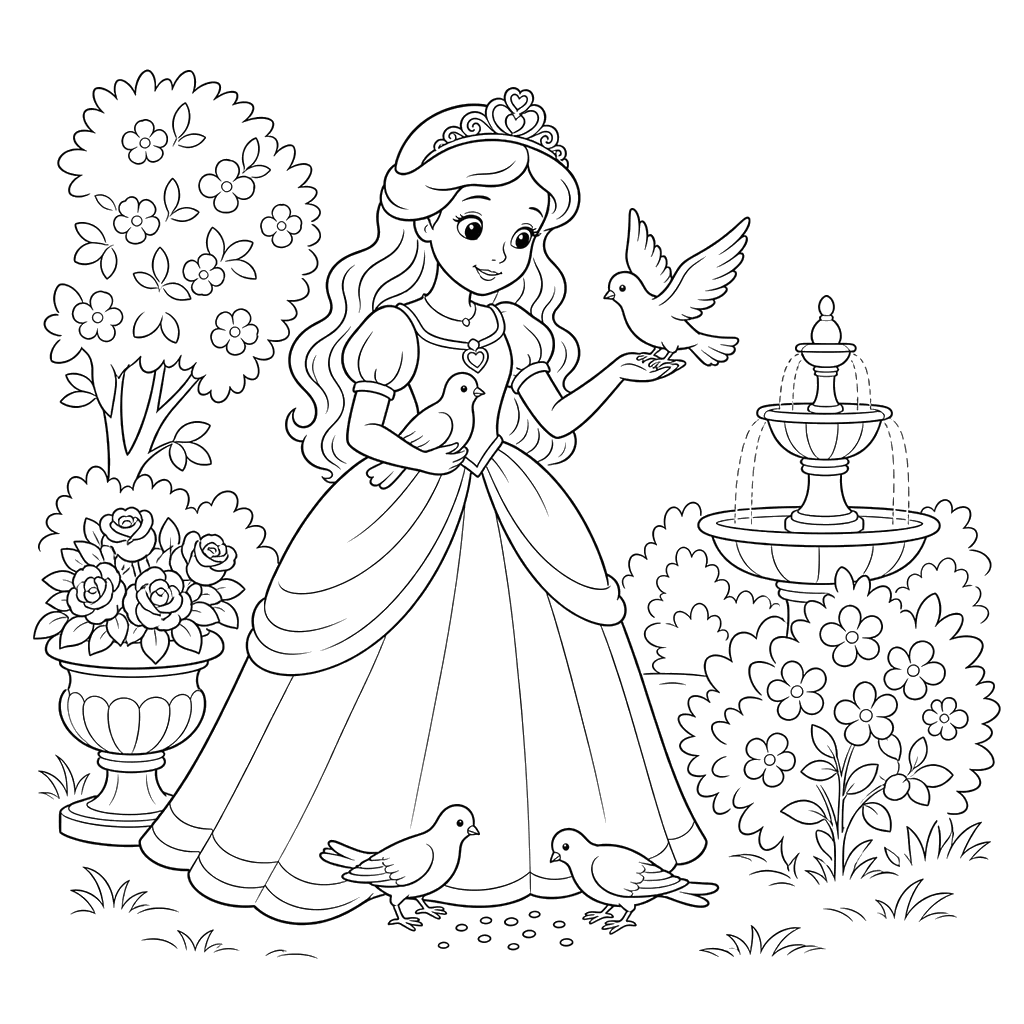 Princess with Doves in the Garden Coloring Page