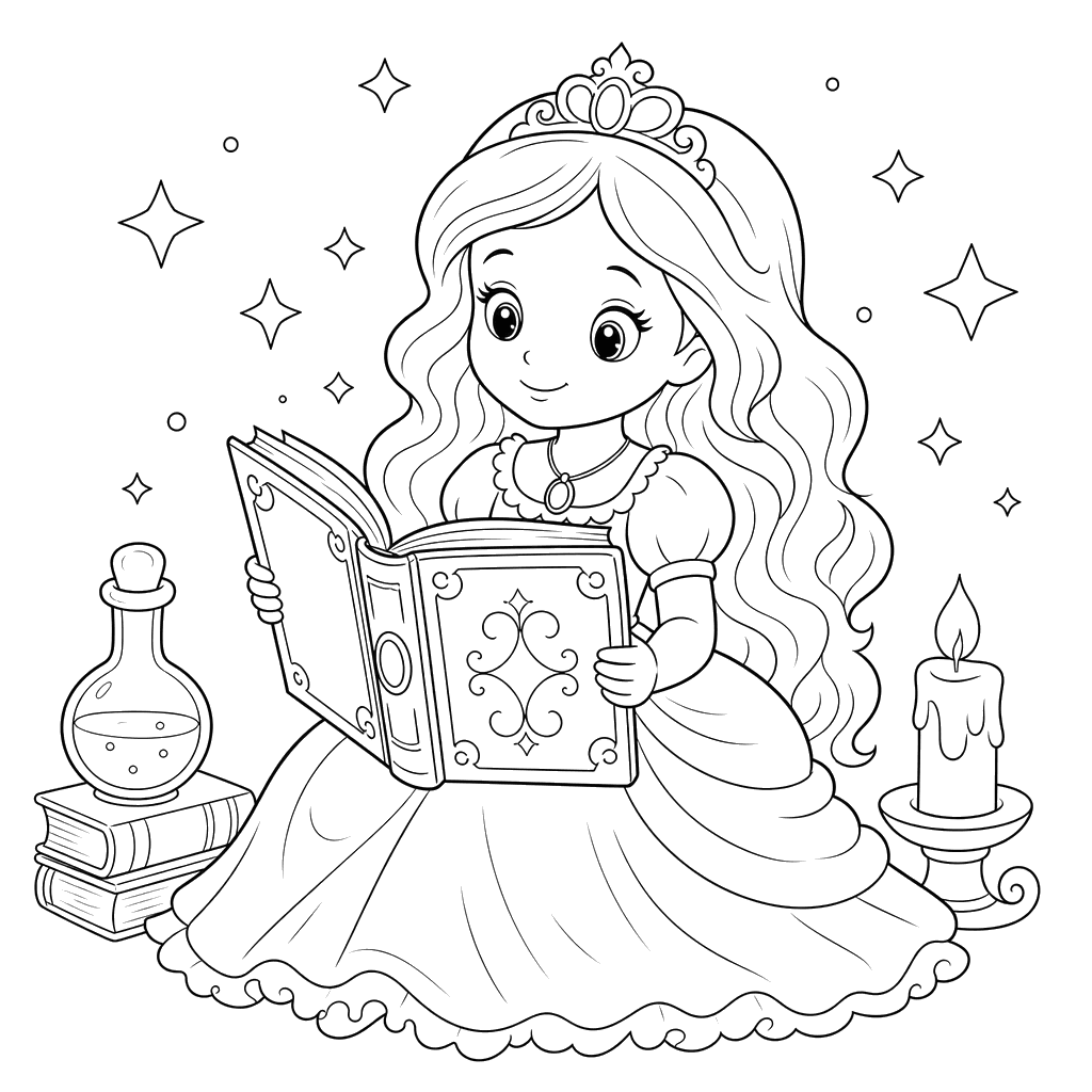 Princess with a Magic Spellbook Coloring Page