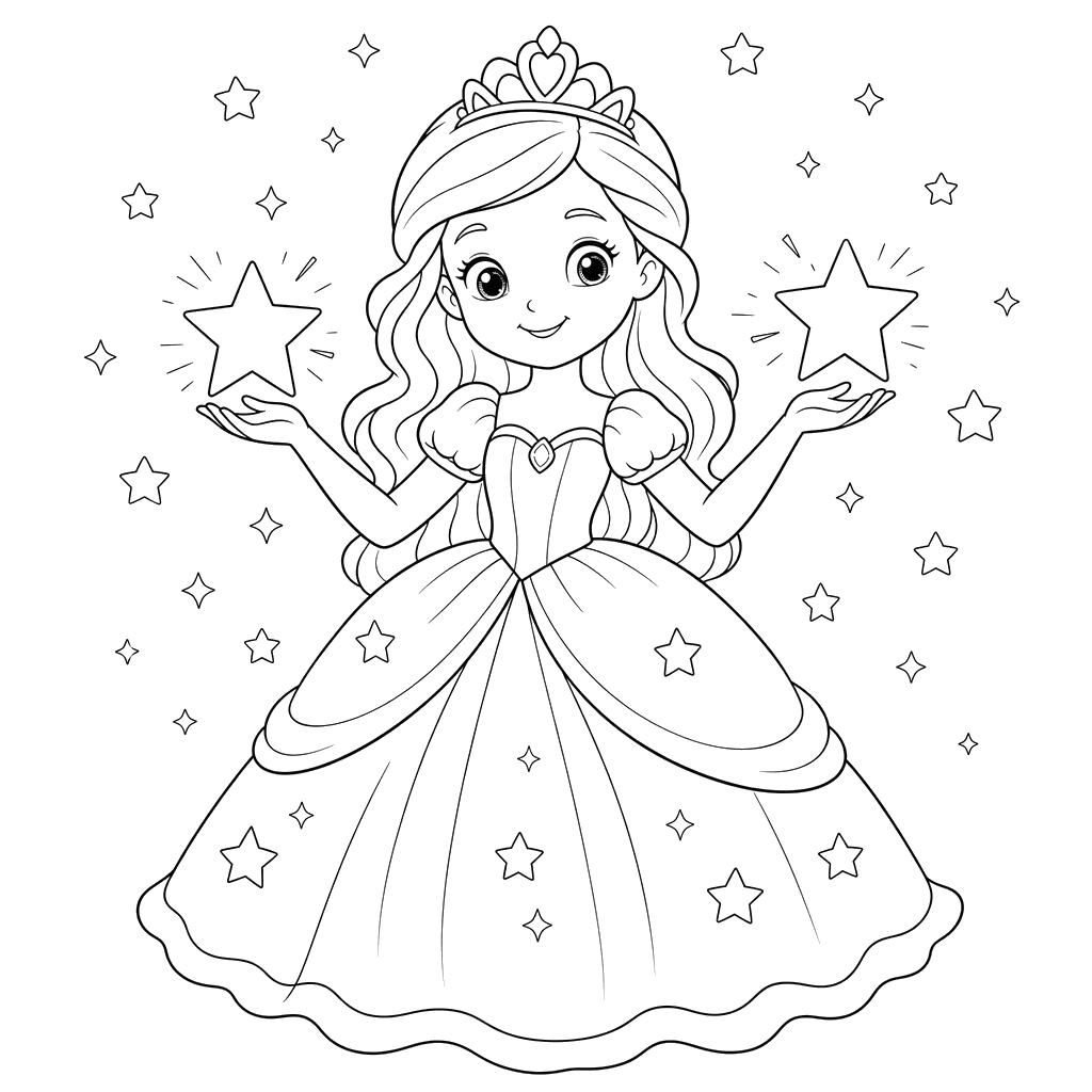 Princess with Shining Stars Coloring Page
