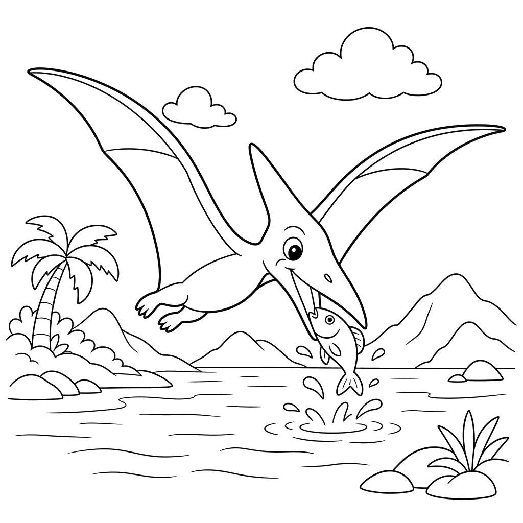Pterodactyl Catching Fish Coloring Page