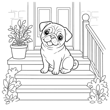 Pug Sitting on Steps Coloring Page