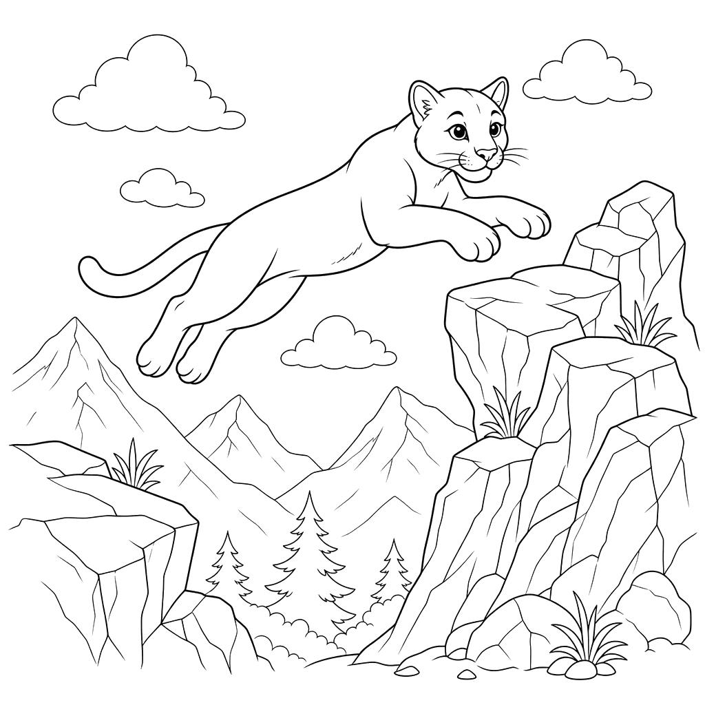 Jumping Puma on Mountain Rocks