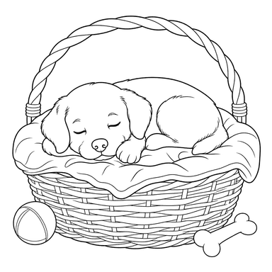 Sleeping Puppy in a Basket