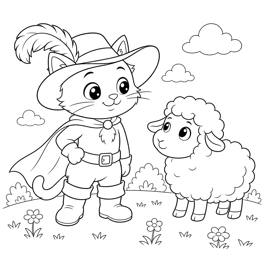 Puss in Boots and Sheep Kawaii Coloring Page