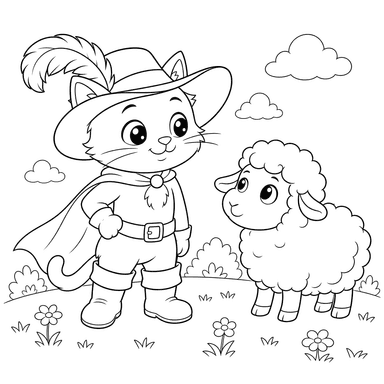 Puss in Boots and Sheep Kawaii Coloring Page