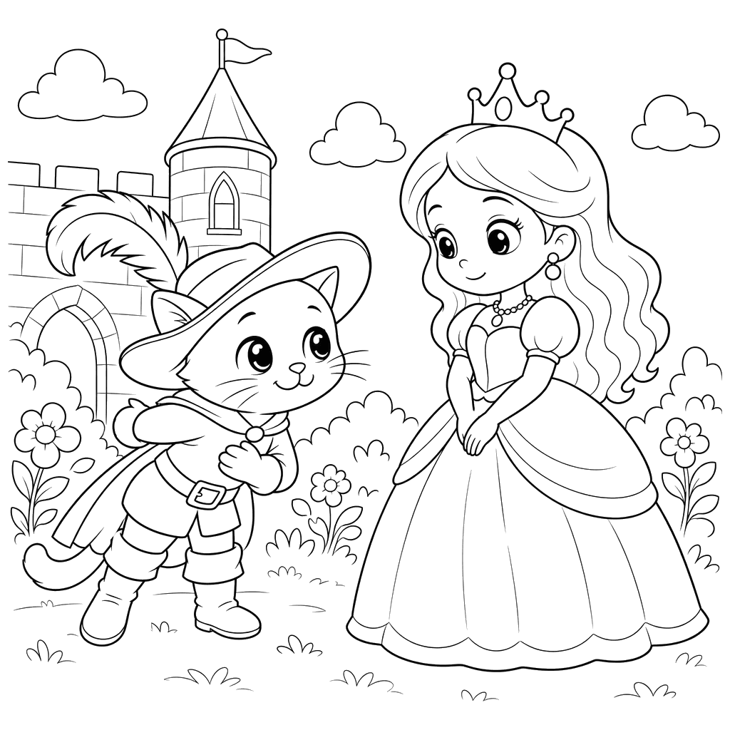 Puss in Boots Bows to Princess Kawaii Coloring Page