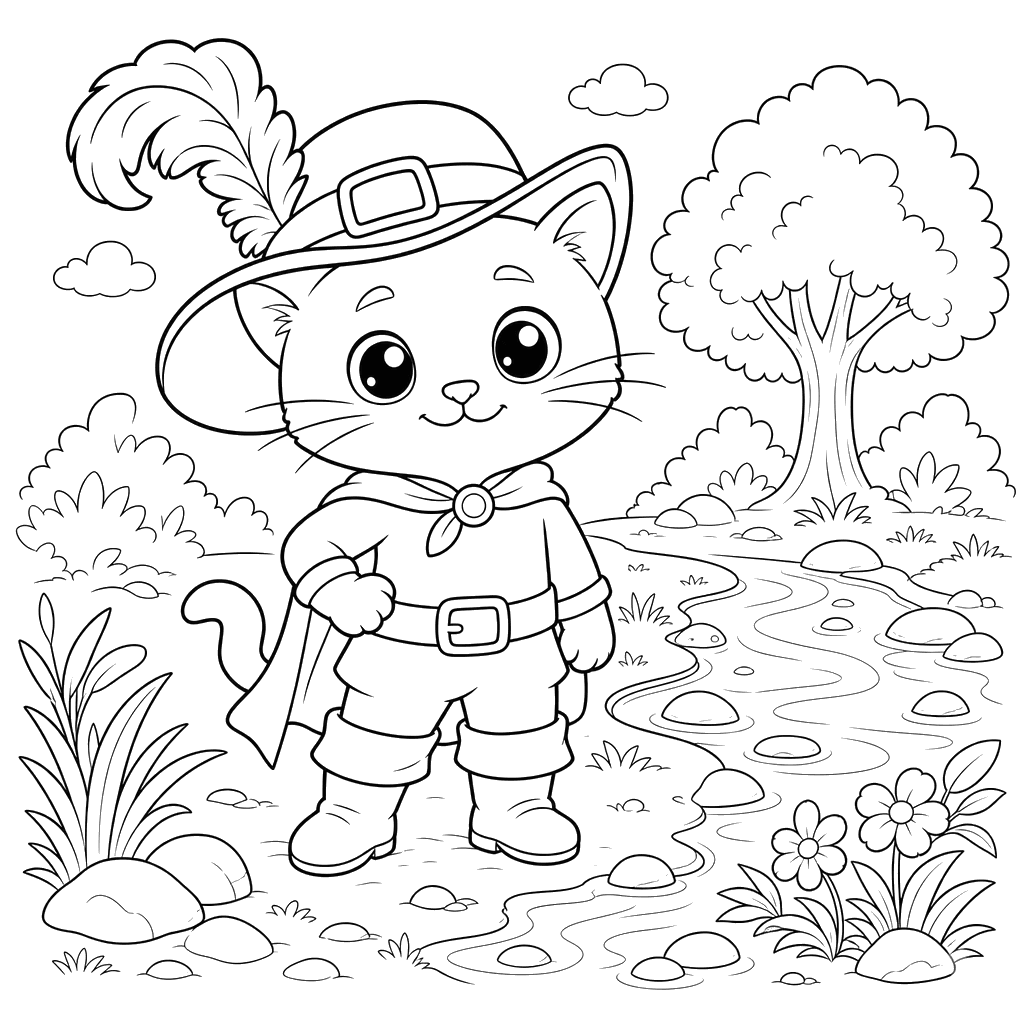 Puss in Boots by the Stream Coloring Page
