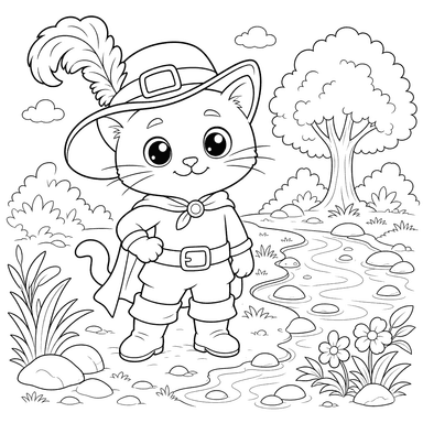 Puss in Boots by the Stream Coloring Page