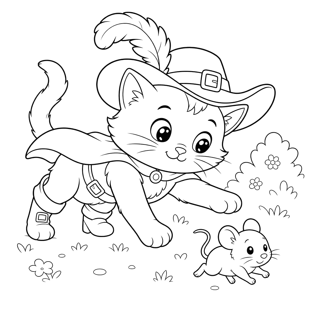Kawaii Puss in Boots Catching a Mouse Coloring Page