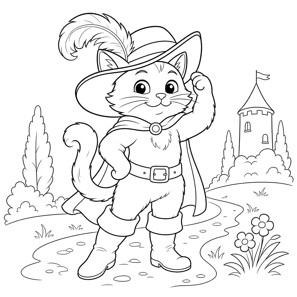 Puss in Boots with a Feather Coloring Page