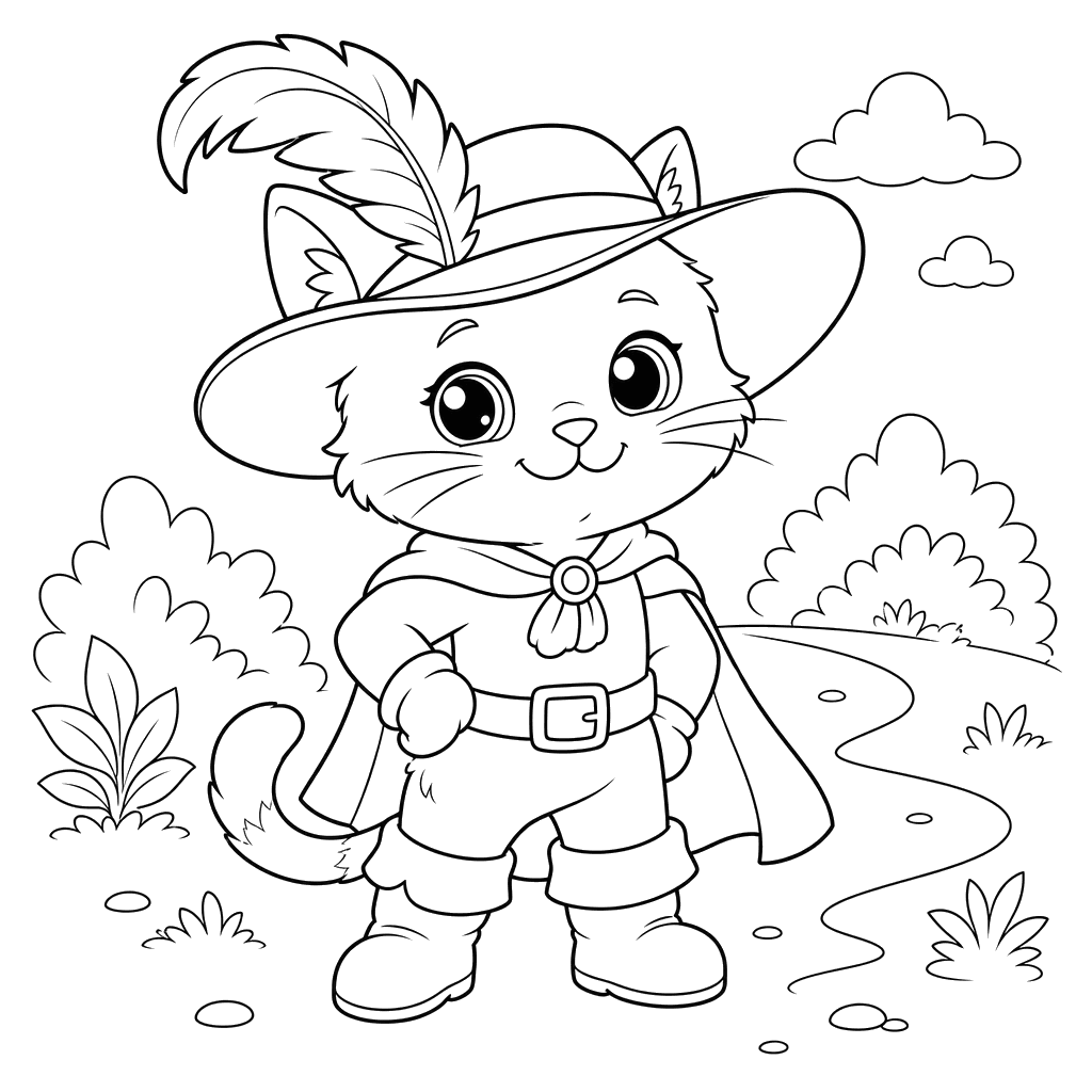 Puss in Boots Coloring Page with Feathered Hat