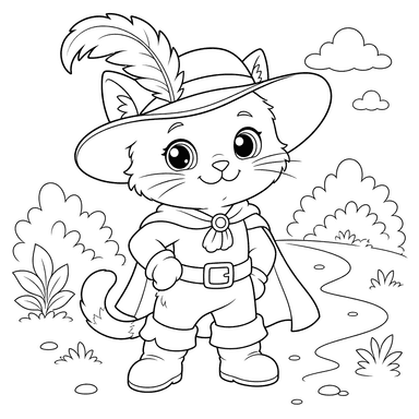 Puss in Boots Coloring Page with Feathered Hat