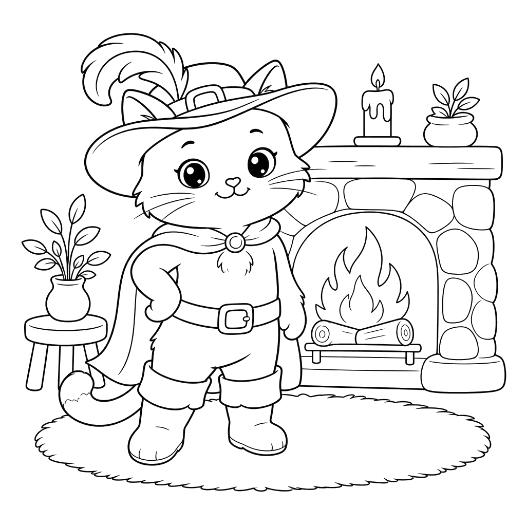 Puss in Boots by the Fireplace Coloring Page