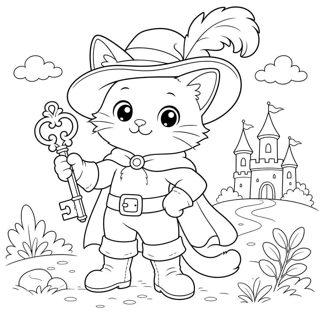 Puss in Boots with a Golden Key Coloring Page