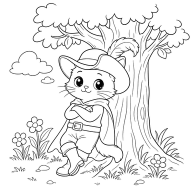 Puss in Boots Under a Tree Coloring Page