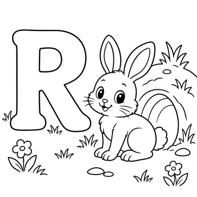 English Letter R and Rabbit Coloring Page