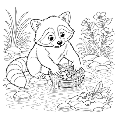 Raccoon Washing Berries Coloring Page