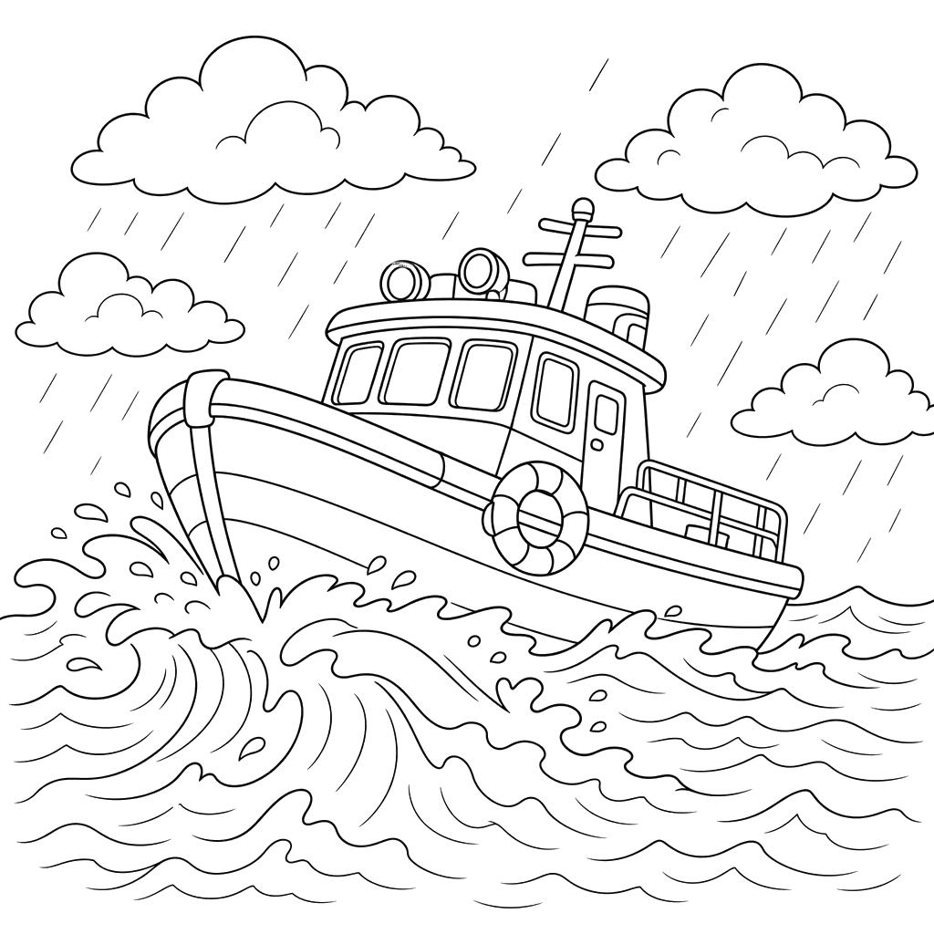 Rescue Boat in Storm Coloring Page