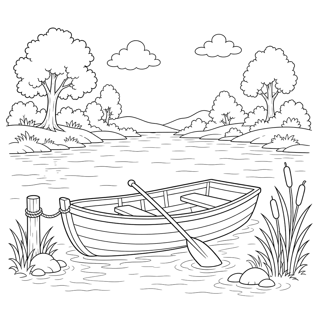 River Landscape with Boat Coloring Page