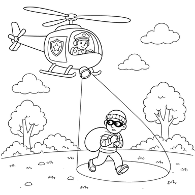 Robber in Helicopter Spotlight Coloring Page