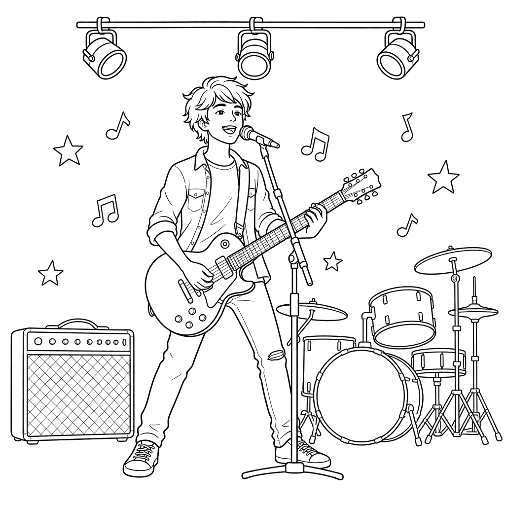 Rock Singer with Guitar Coloring Page