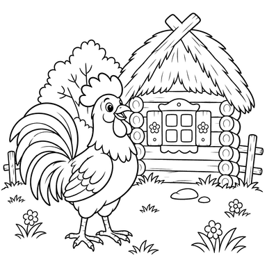 Rooster by the Wooden Cottage Coloring Page
