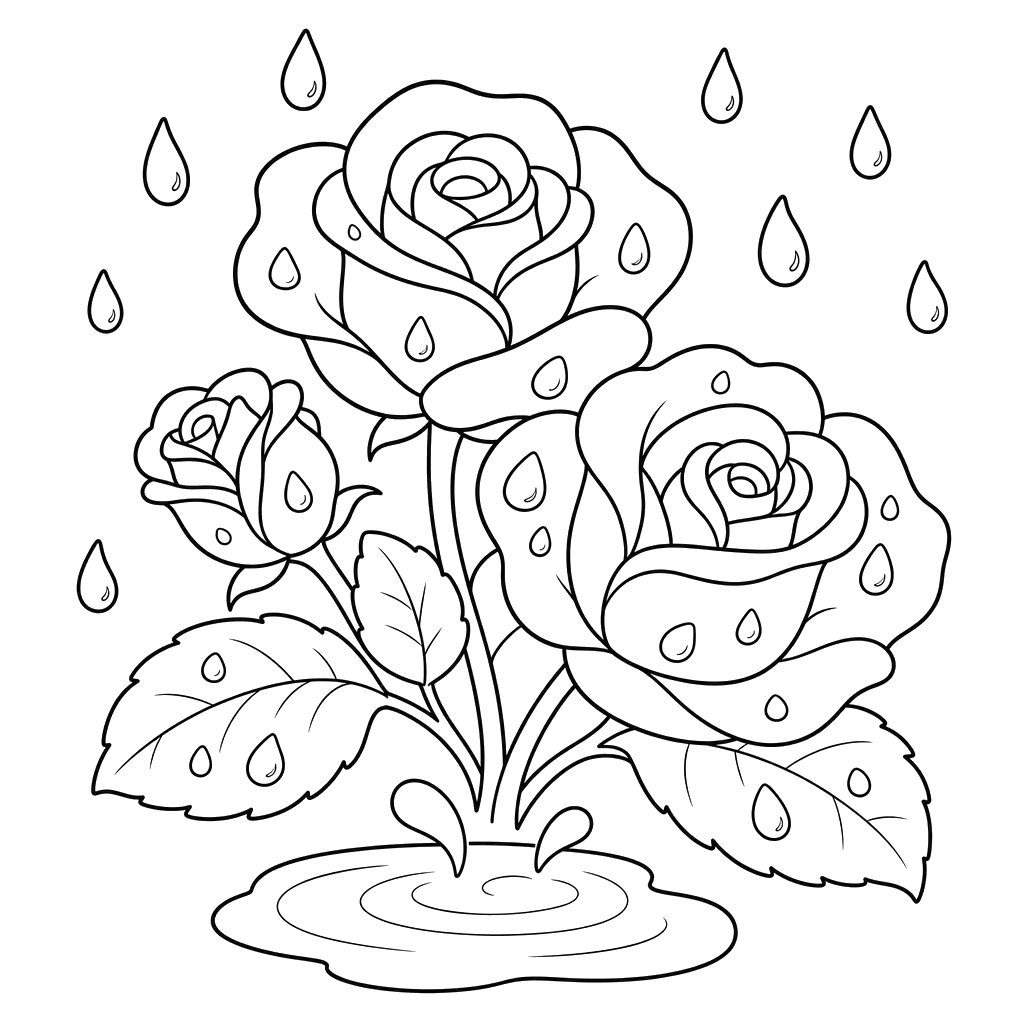 Roses in the Rain with a Small Puddle — Coloring Page