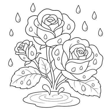 Roses in the Rain with a Small Puddle — Coloring Page