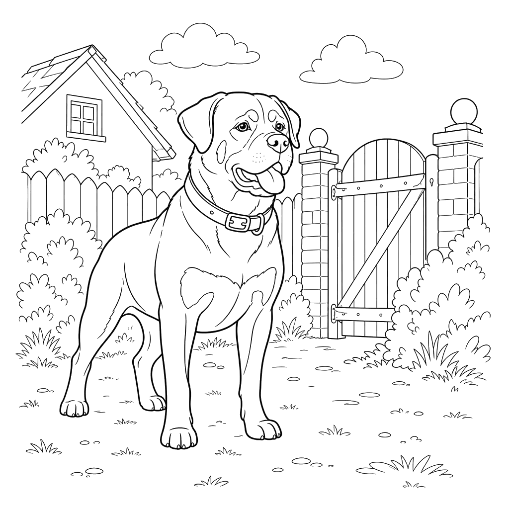 Rottweiler Guarding the Yard Coloring Page